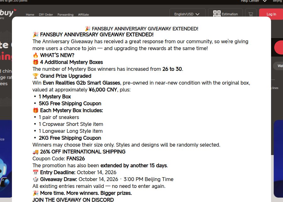 Official FansBuy anniversary giveaway modal, FANS26 26 percent off shipping, 14 Oct 2026 deadline
